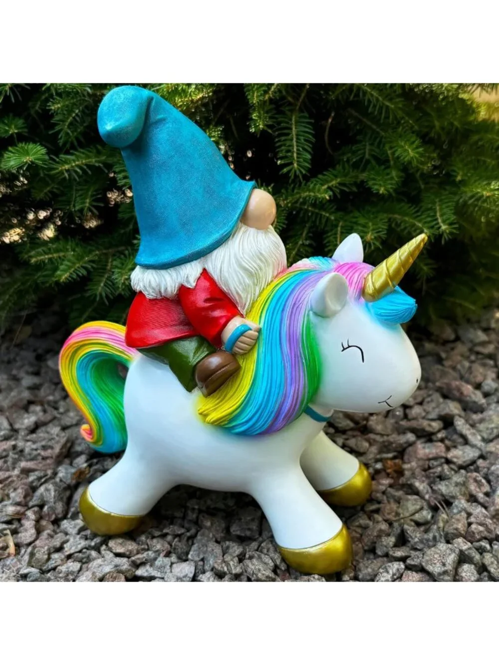Whimsical Garden Gnome Riding Unicorn Statue - 8.3